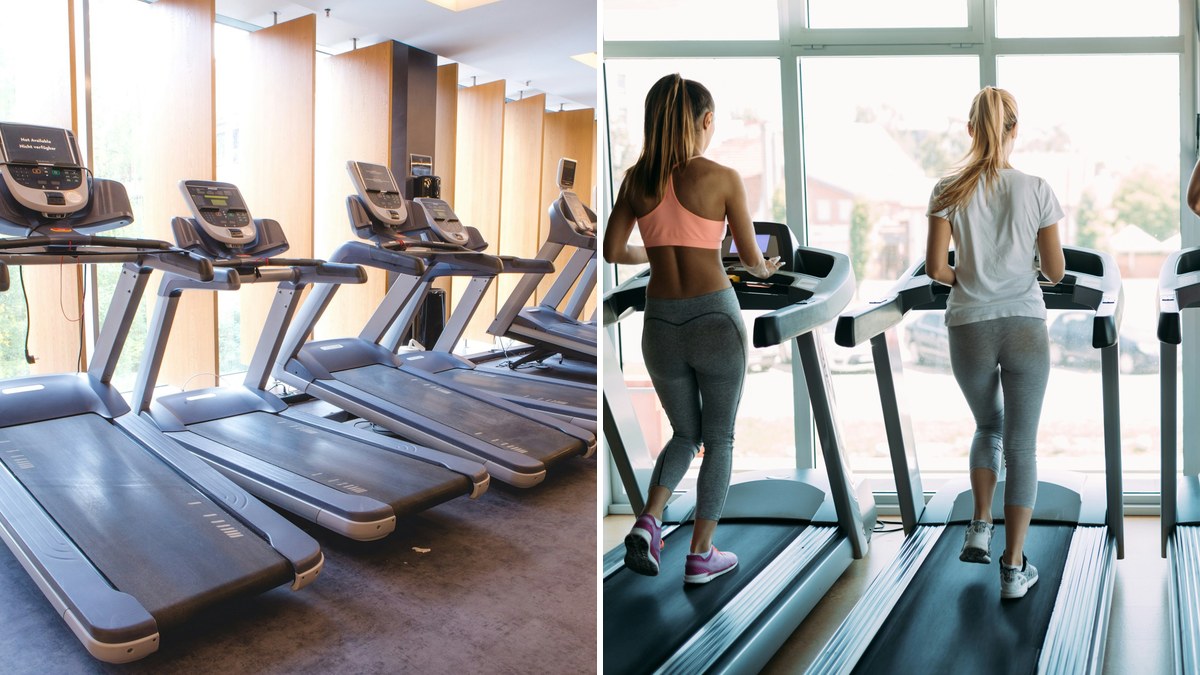 Side by side: an empty row of treadmills beside two women walking on treadmills in a busy gym